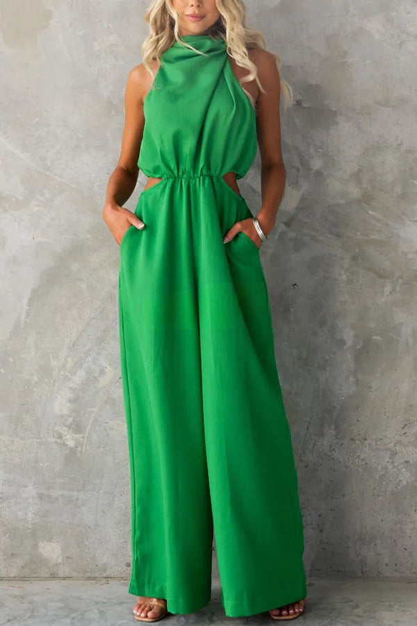 Elyssa High Neck Cutout Elastic Waist Pocketed Wide Leg Jumpsuit