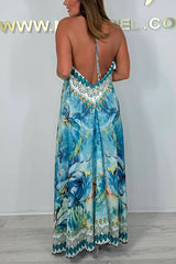 Unique Print V-neck Open Back Loose Maxi Dress