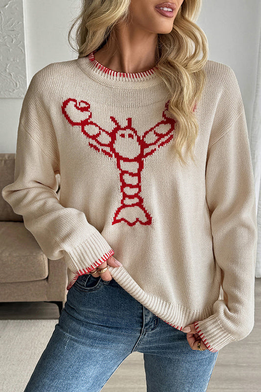 Fashion Lobster Pattern Round Neck Long Sleeve Loose Knitted Sweater