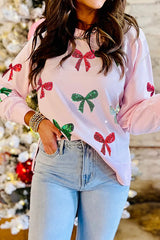 Christmas Sequined Bow Crew Neck Long-sleeved Loose Sweatshirt