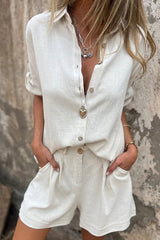 Linen Blend Solid Color Button Lapel Short Sleeve Shirt and Casual Pocket Shorts Set