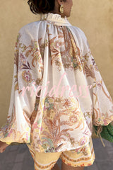 Botanical Print Palace Style Stand-up Collar Lantern Sleeve Loose Top and Casual Shorts Set