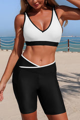 Stylish V-neck Pocketed Stretch Two-piece Bikini Swimsuit and Solid Color Long-sleeved Cover-up Set