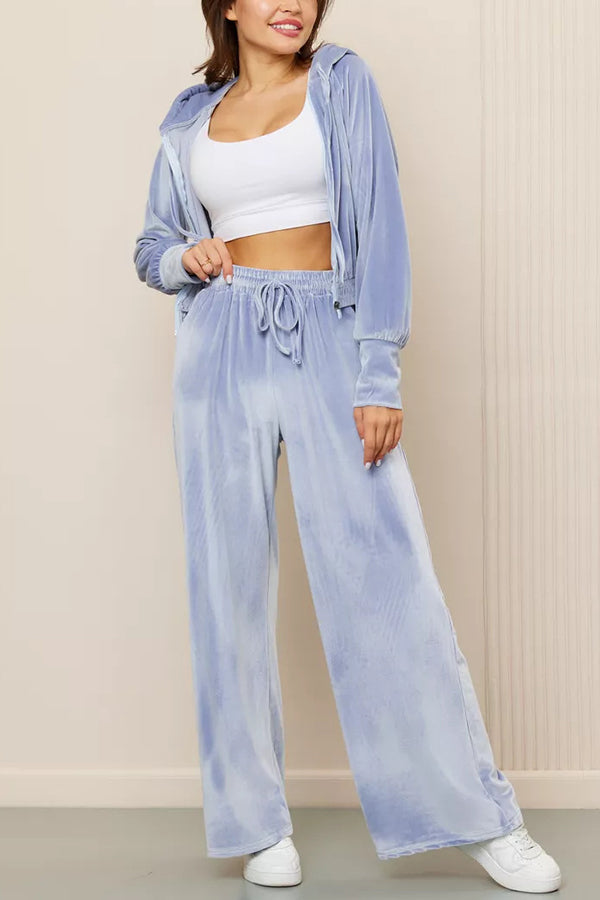 Solid Color Velvet Hooded Zip-up Sweatshirt and Elastic Waist Casual Pocket Straight-leg Pants Set