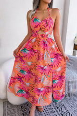 Plant Print Halter Neck Hollow Holiday Beach Midi Dress
