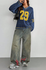 Number 29 Pattern Fashion Casual Street Trend Printed V-neck Long-sleeved Knitted Sweater