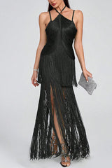 Sexy Halterneck Open Back Elegant Tassel Slim Maxi Dress