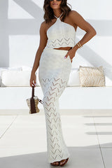 Solid Knit Hollow Halter Top and Stretch Fit Maxi Skirt Set