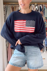 Flag Pattern Knitted Casual Crewneck Long Sleeve Sweater
