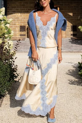 Wine Tasting Contrast Color Satin Lace Trim V-Neck Slip Tank