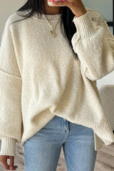 Solid Color Loose Long-sleeved Round Neck Knitted Split Sweater