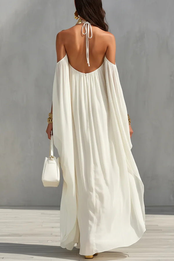 Fashionable Chiffon Metal Halter Neck Off-shoulder Elegant Loose-fitting Holiday Maxi Dress