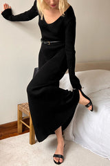 Solid Color V-neck Long-sleeved Slim-fit Elegant Knit Maxi Dress