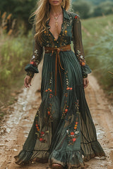 Bohemian Floral Print Lapel Long-sleeved Maxi Dress