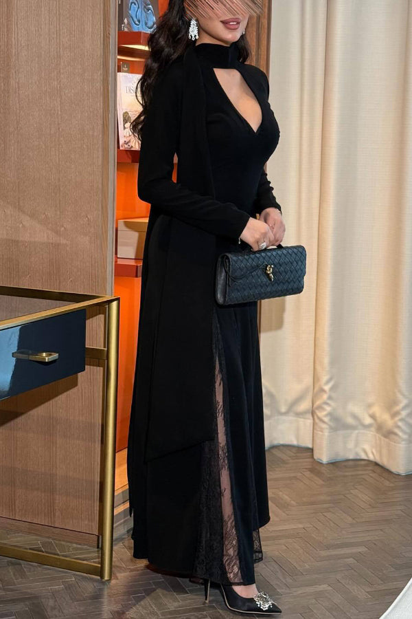 Solid Color Hollowed-out Long-sleeved Spliced lace Slim-fit Maxi Dress