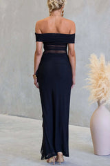 Sexy Mesh Off-shoulder Slim Fit Ruffled Slit Maxi Dress