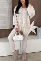 Comfy and Sweet Knit Lace Patchwork Hem Wide Neck Long Sleeve Loose Sweater