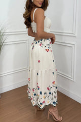 Vanie Linen Blend  Floral Print Cutout Waist Back Smocked Slit Maxi Dress