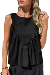 Solid Color Round Neck Sleeveless Pleated Loose Vest