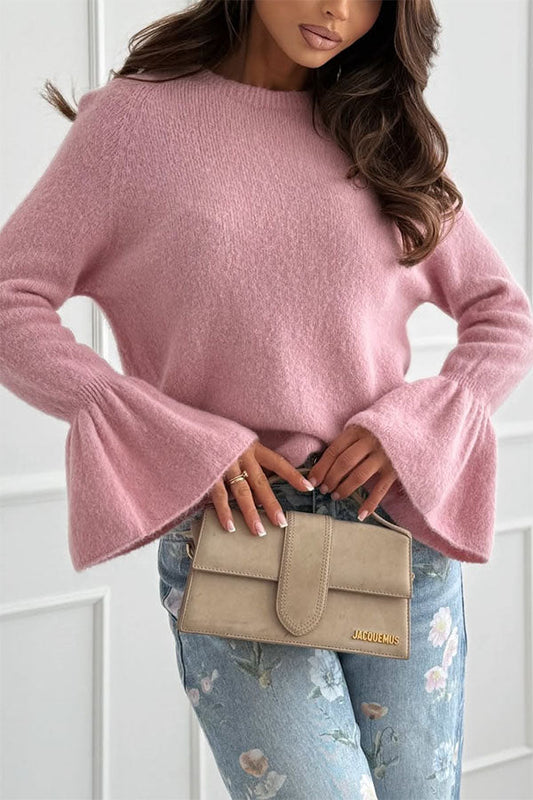 Spring Calling Knit Crew Neck Long Bell Sleeve Relaxed Sweater