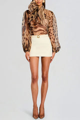 Peregrine Semi-sheer Silk Animal Print Bow Neck Balloon Sleeve Loose Blouse
