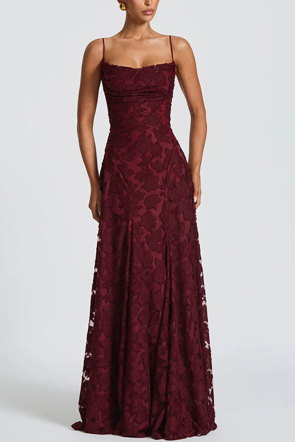 Francis Custom Floral Burnout Fabric Cowl Neck Back Lace-up Maxi Dress