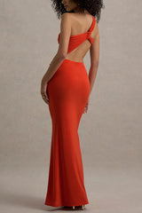 Sexy One-shoulder Backless Ribbon Pleated Slim Maxi Dress