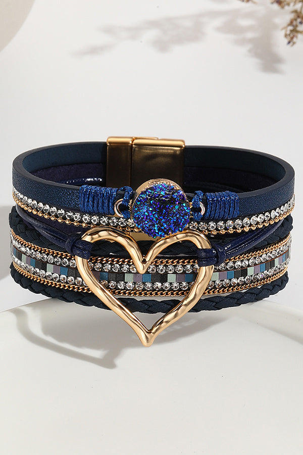 Bohemian Leather Cord Multi-layered Raw Stone Heart Bracelet