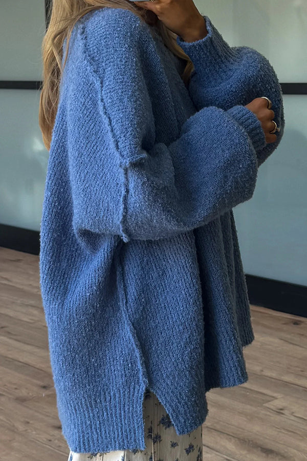 Solid Color Loose Long-sleeved Round Neck Knitted Split Sweater