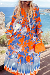 Unique Print V-Neck Long Sleeve Full Hem Holiday Maxi Dress