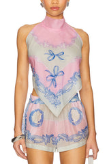 Amalfi Coast Satin Unique Print Scarf Top and Elastic Waist Pocket Loose Shorts Set