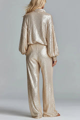 Glamorous Day Sequin Half Zip Loose Shirt and Elastic Waist Pocket Wide Leg Pants Set