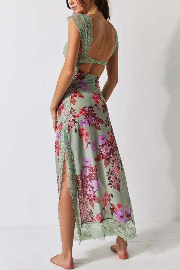 Floral Print Lace Patchwork Hollow-out Slim-fit Midi Dress