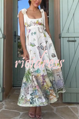 Euro Summer View Linen Blend Unique Print Tie-up Straps Pocket Midi Dress