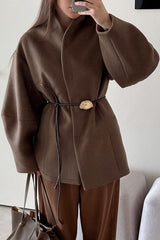 Fashionable Loose Long-sleeved Waist-tied Woolen Coat