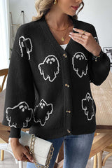Halloween Ghost Pattern Casual Button-Down Knit Sweater
