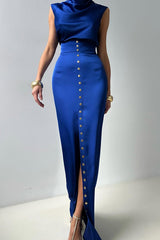 Solid Color Casual Sleeveless Crop Top and Elegant Button-down Maxi Skirt Set