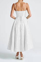 Palace Style Jacquard Fabric Backless Tie Slim Midi Dress