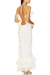 Alisin Pleated Chiffon Wavy Ruffles Trim Slip Maxi Dress