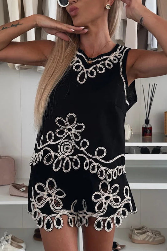 Angie Embroidery Cut-out Sleeveless Top and Elastic Waist Loose Shorts Set