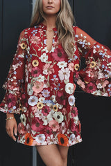 Flowers Blooming Embroidery Floral Applique Tiered Bell Sleeve Loose Mini Dress