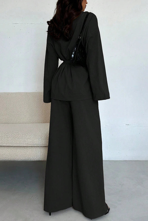 Solid Color Collared Long-sleeved Tie-wst Loose Top and Elastic Wst Casual Wide-leg Pants Set