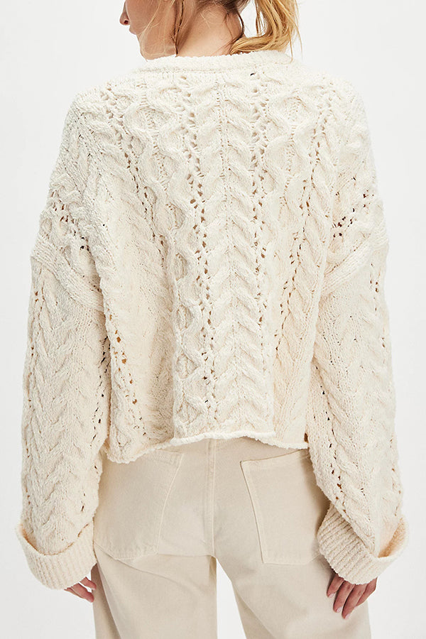 Solid Color Loose-fitting Openwork Long-sleeved Knit Sweater