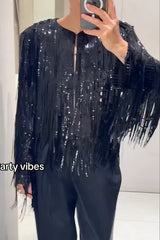 Party Crasher Layered Sequined Tassels Long Sleeve Loose Jacket