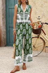 Bohemian Style Unique Print V-neck Sleeveless Top and Elastic Waist Casual Pocket Wide-leg Pants Set