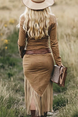 Retro Western Style Long-sleeved Fringed Hem Suede Midi Dress