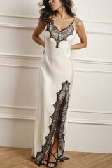 Elegant Splicing Lace Suspenders V-neck Sexy Slit Maxi Dress