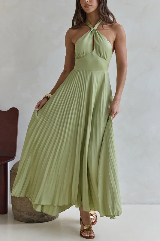 Solid Color Halter Neck Hollowed-out Casual Pleated Holiday Maxi Dress