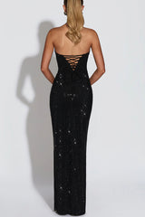 Mirabella Sequin Pleated Cowl Scooped Neckline Back Lace-up Strapless Maxi Dress