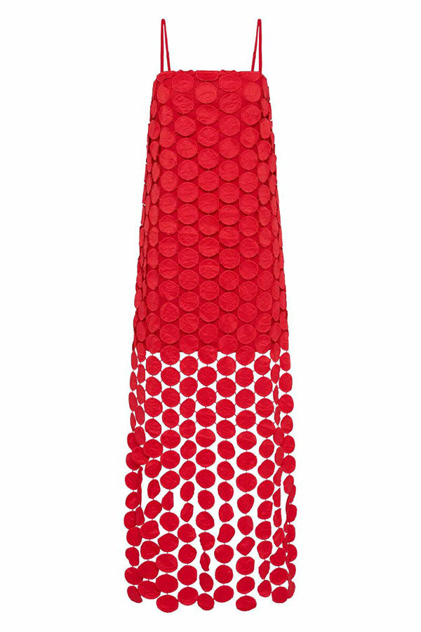 Juju Embroidered Cutout Polka Dots Square Neck Tassel Hem Slip Maxi Dress